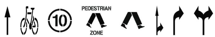 Thermoplastic preform stencils - arrows, bike lanes, speed limits, pedestrian zones